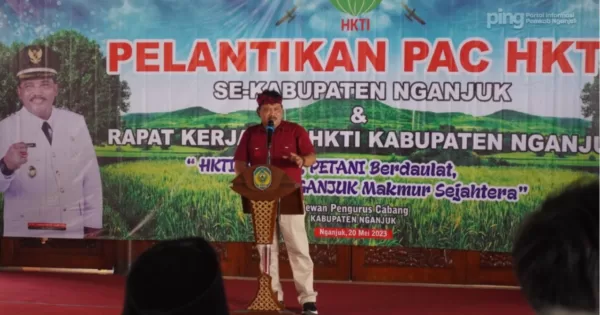 Bupati Nganjuk, Marhaen Djumadi menghadiri pelantikan Pengurus Anak Cabang (PAC) Himpunan Kerukunan Tani Indonesia (HKTI), Sabtu (20/5/2023) di Pendopo KRT Sosrokoesoemo Nganjuk.